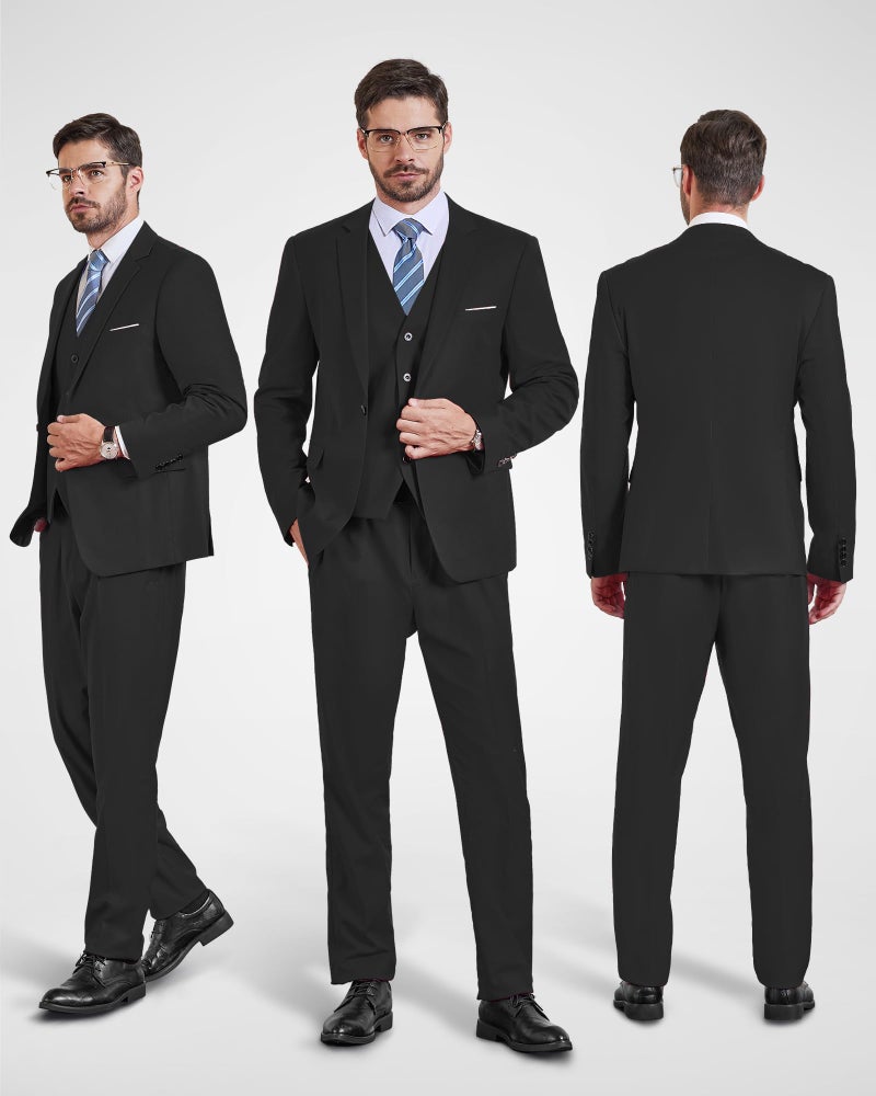 YND Men's 3 Piece Suit Set with Tie, 2 Button Slim Fit Solid Blazer Jacket Vest Pants, Business Wedding Party Suits for Men, Deep Blue - Black Plaid - Image 2